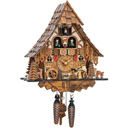 Quartz Cuckoo Clock, Black Forest House w/Moving Wood Chopper and Mill Wheel and Music