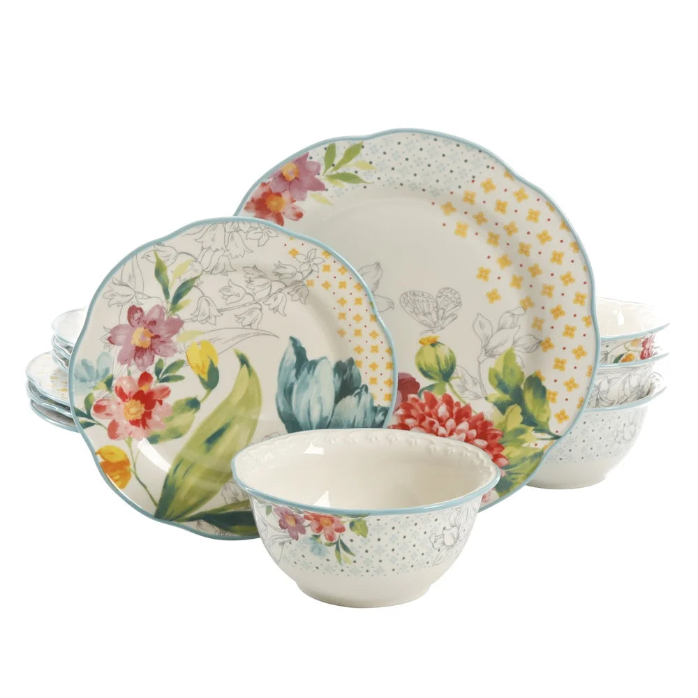 Blooming Bouquet 12 pc Dinnerware Set Stoneware Plates Bowls, Dishwasher Safe