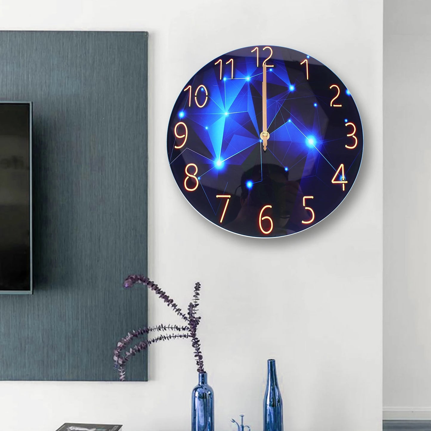 12" Round Ultra-Thin Tempered Glass Wall Clock, Blue Modern, Diamond Large Wall Clock
