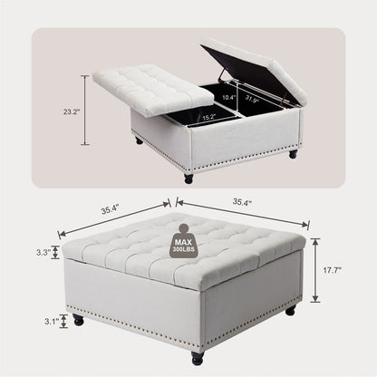35" Large Square Storage Ottoman Bench, Upholstered Coffee Table, Lift Top Storage