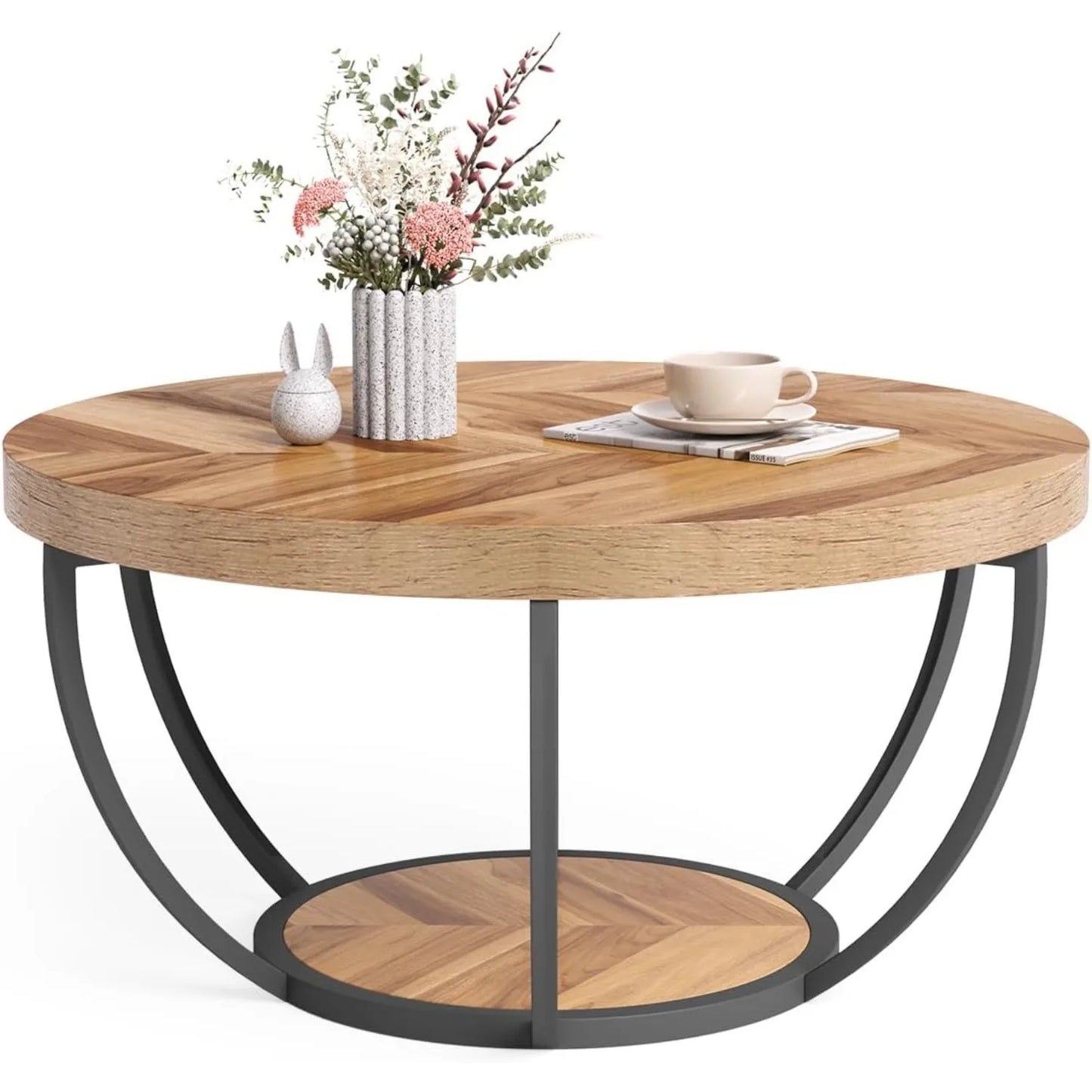 Round Coffee Table, 32" for Living Room, 2 Tier Table W/Open Storage Design