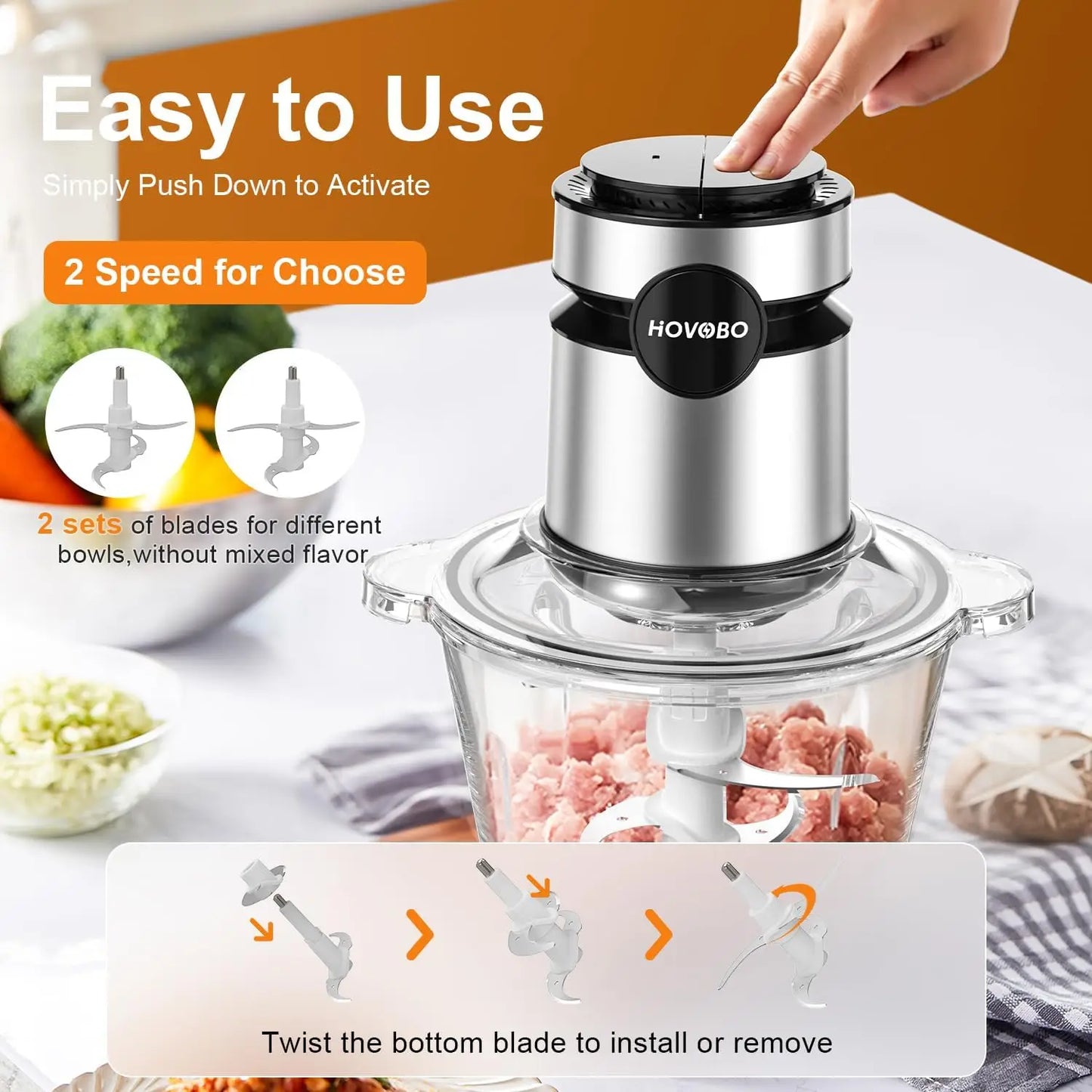 Food Processor Electric 500W, Glass Bowl Multifunctional