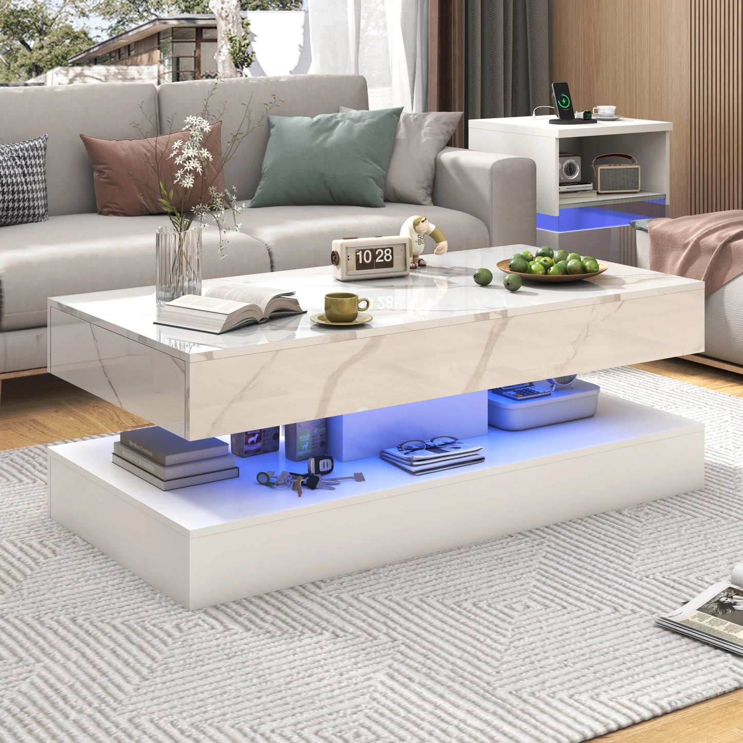 Modern Stylish Coffee Table W/LED lights, Double-Layer Design