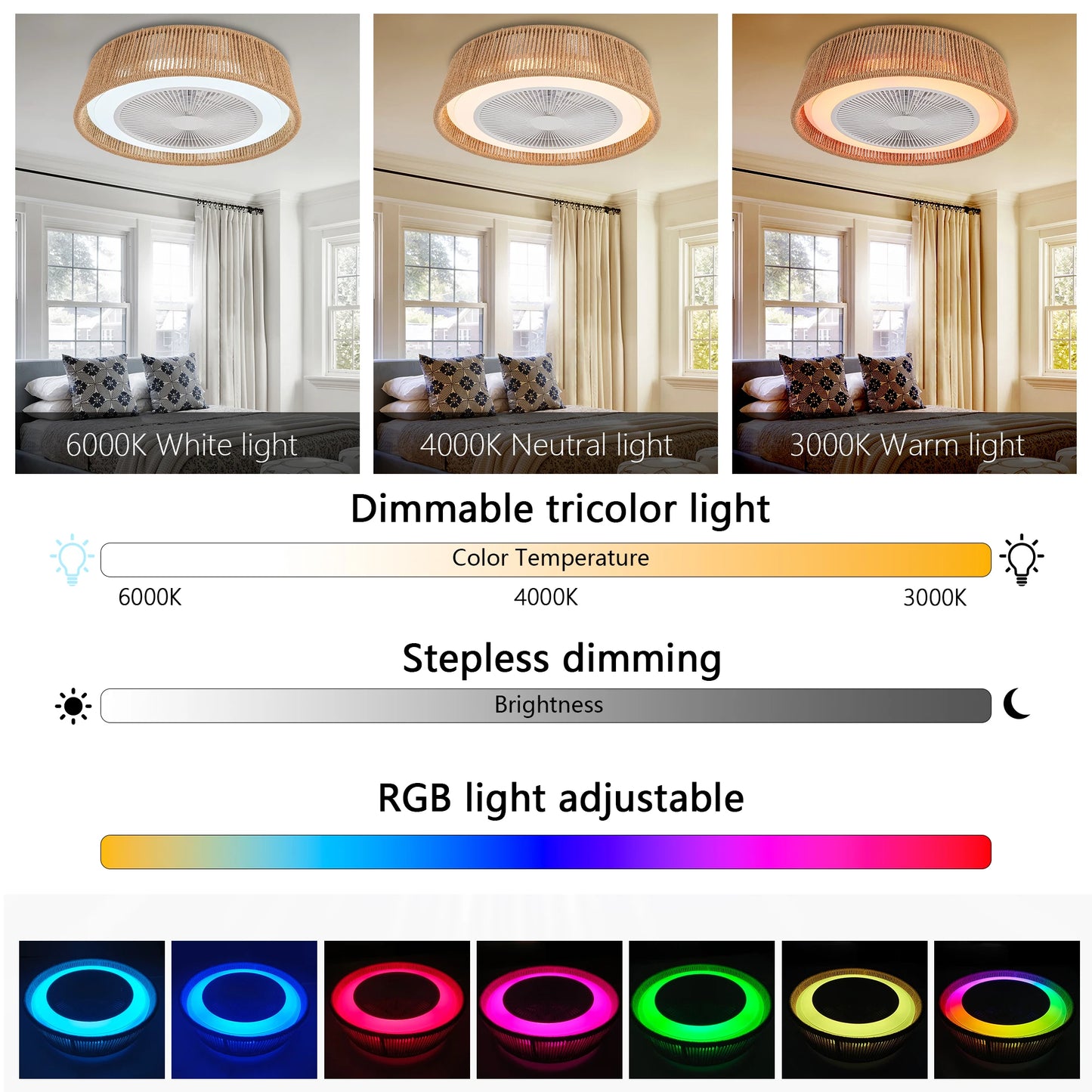 Modern Rustic Ceiling Fan, Light W/LED RGB Mood lighting