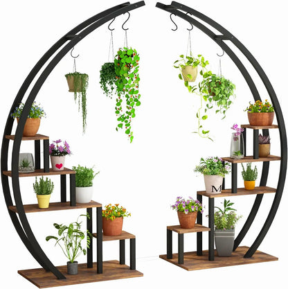 2 Pcs 5-Tier Metal Plant Stand, Half Moon Shape, Tall Garden Plant Holder