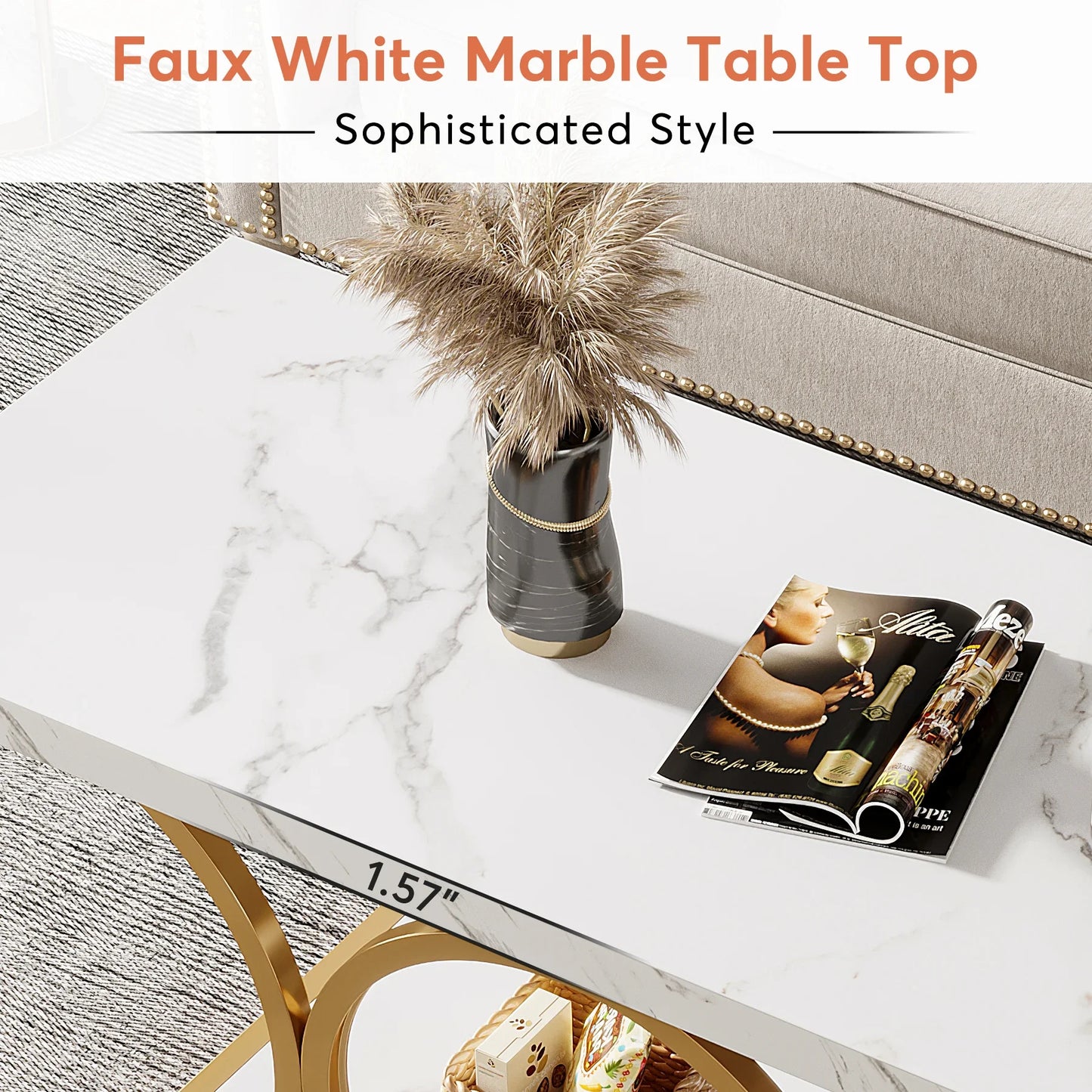 Modern Rectangle Coffee Table, 47.24",  2 Tier Faux Marble Wood