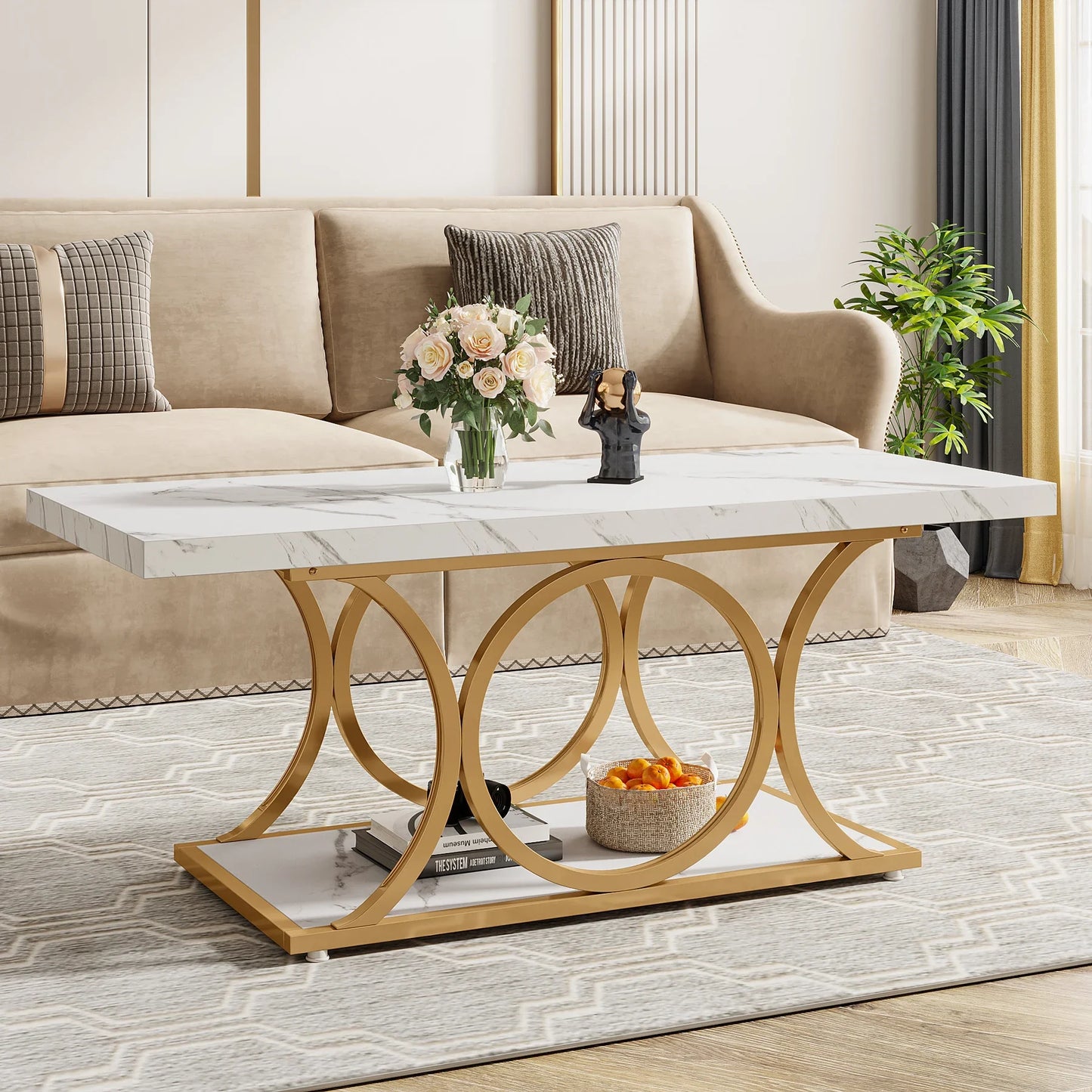 Modern Rectangle Coffee Table, 47.24",  2 Tier Faux Marble Wood