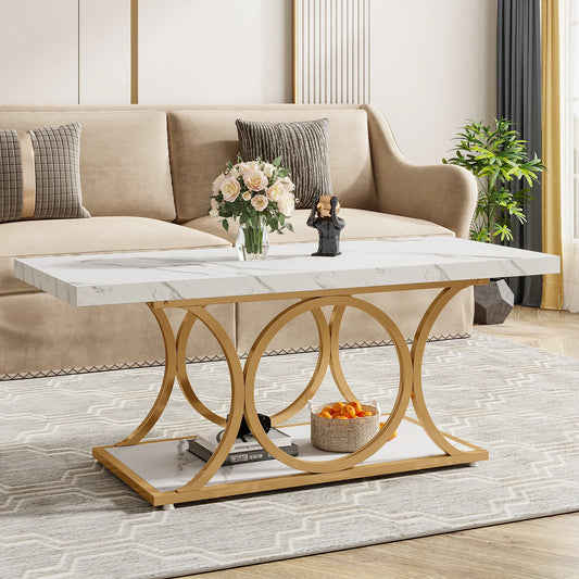 Modern Rectangle Coffee Table, 47.24",  2 Tier Faux Marble Wood