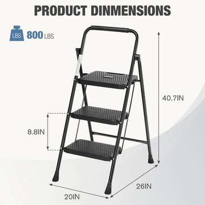 Folding 2/3 Step Ladder Stool with Anti-Slip Pedal 800lbs Capacity, Sturdy Steel