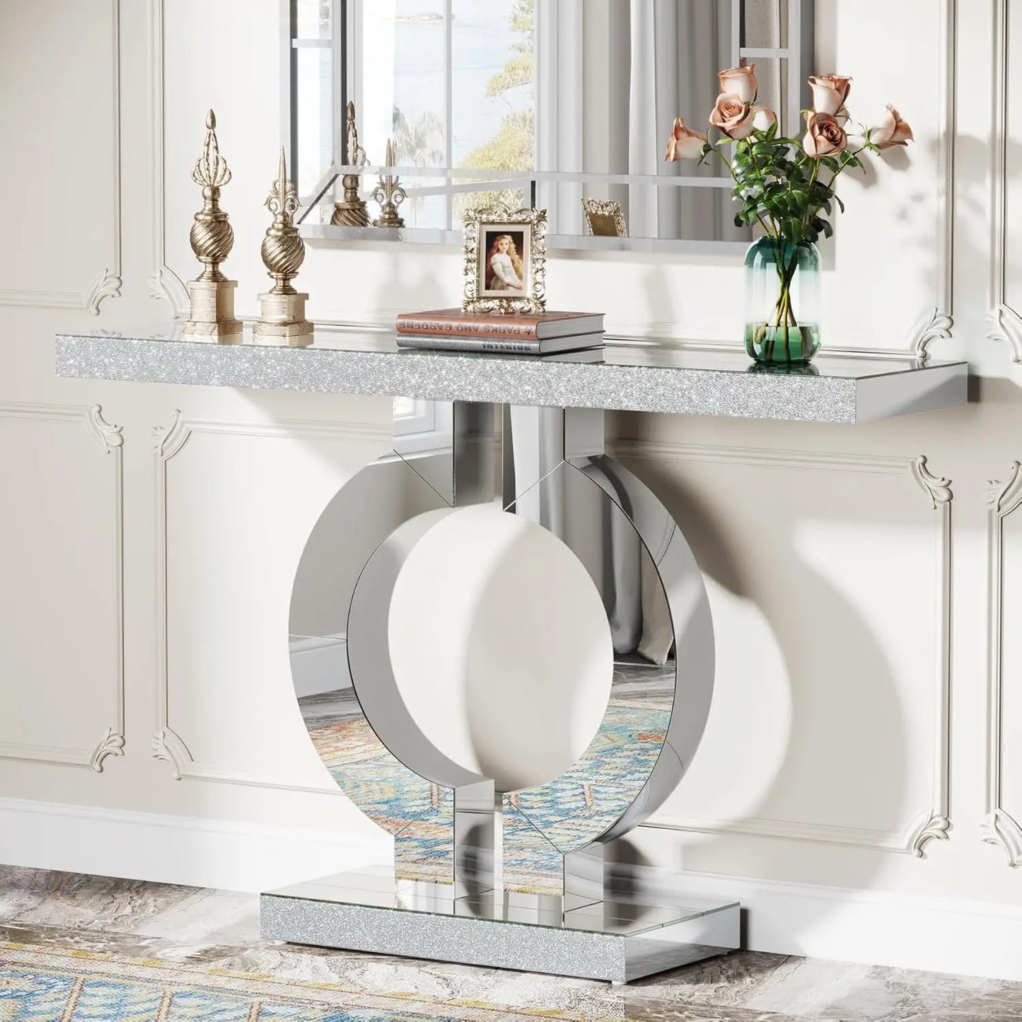 Mirrored Console Table w/O-Shaped Base