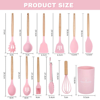 Kitchen Utensils, Silicone and Wooden Handles  12 Pieces