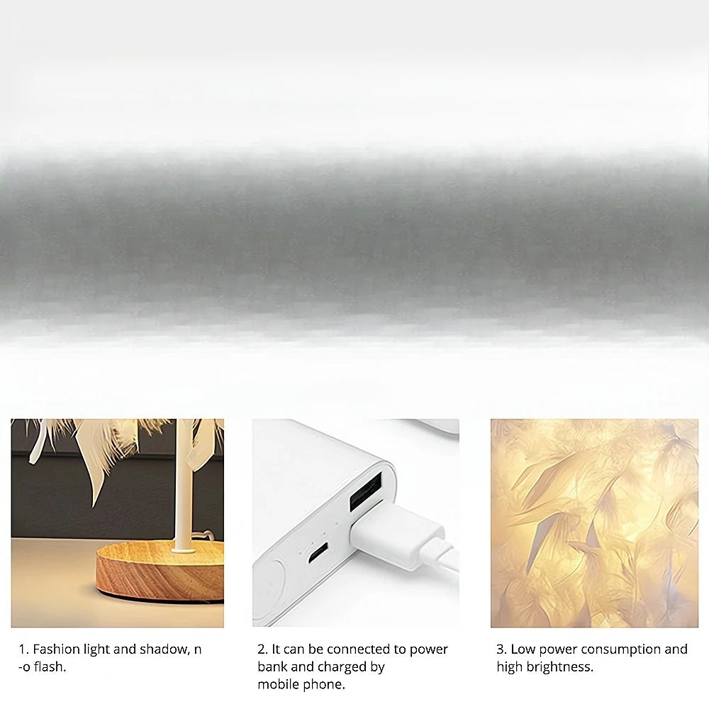 LED Warm Small Table Lamp, Romantic Creative Feather, Girls Bedroom Bedside Table