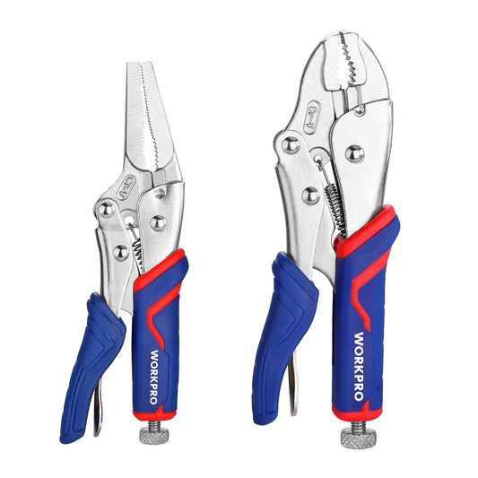 2 piece Locking Pliers Set CR-V Steel 7" Curved Jaw, Long Nose Locking Pliers 6-1/2"