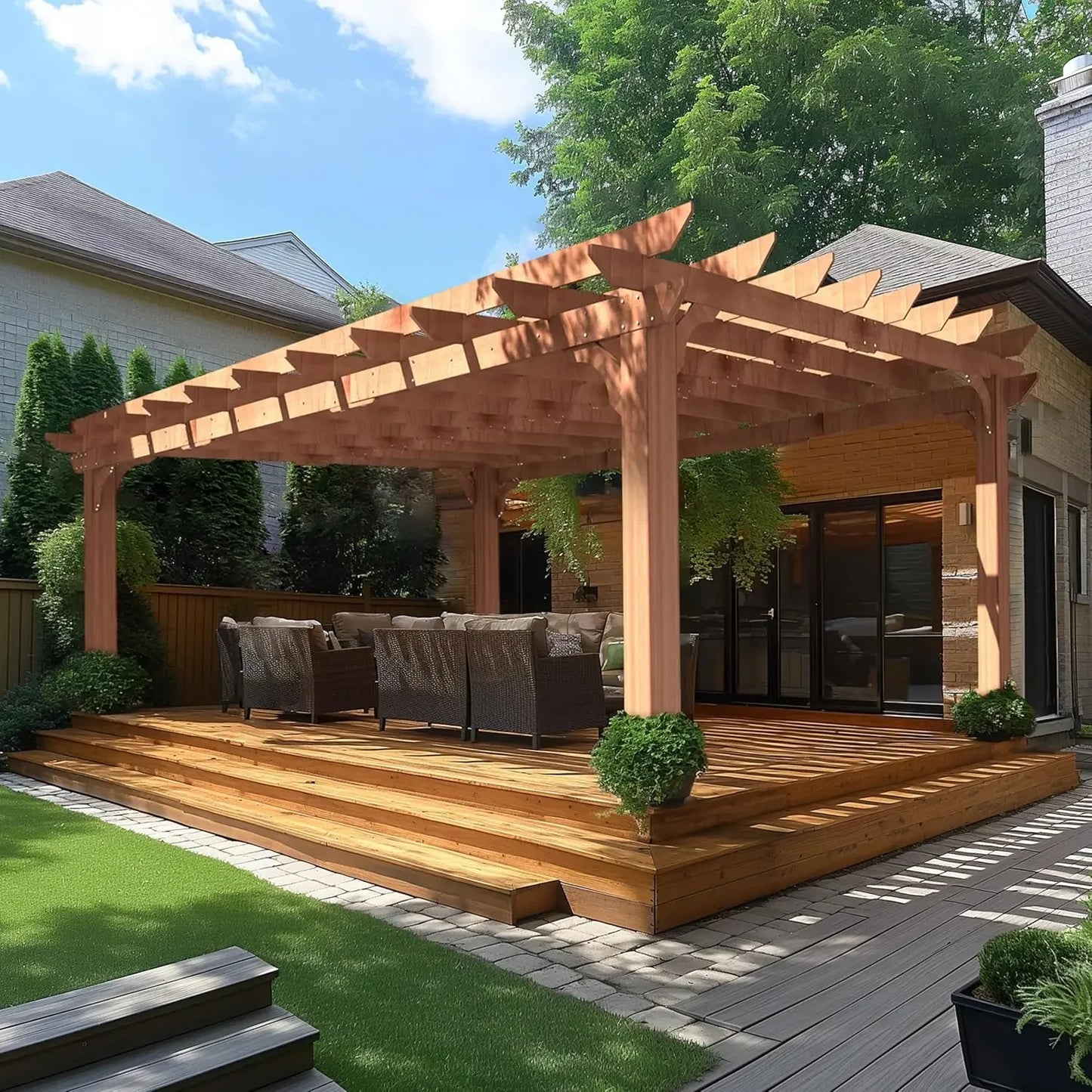 12 x 16FT Wooden Pergola, Cedar Wood Gazebo W/Flat Roof