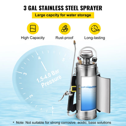 4-12L Hand Powered Sprayer, Stainless Steel, Atomizer Pump