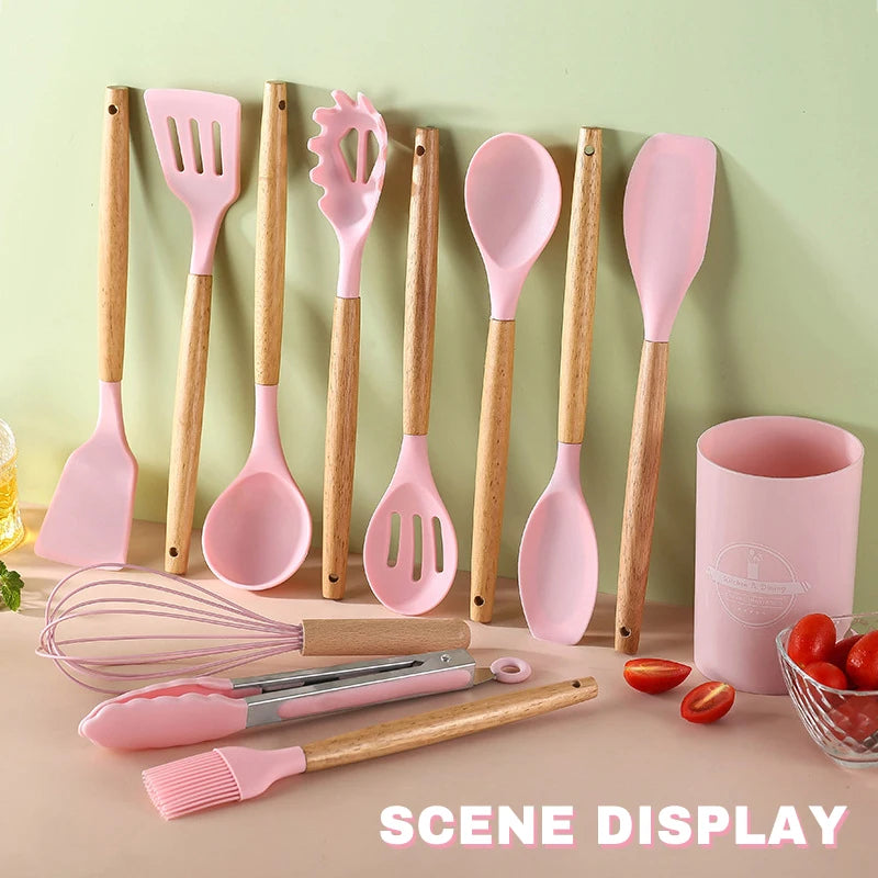 Kitchen Utensils, Silicone and Wooden Handles  12 Pieces