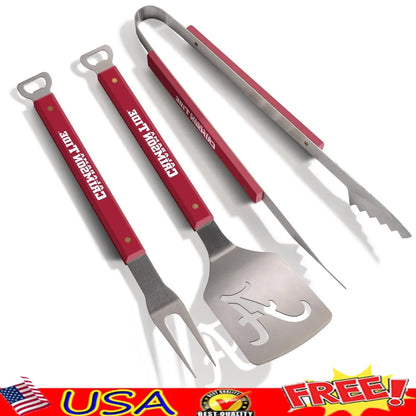 Official NCAA BBQ Tool Set 3 pc including Sportula Tongs, Fork Heavy Duty Stainless Steel Integrated Bottle Opener