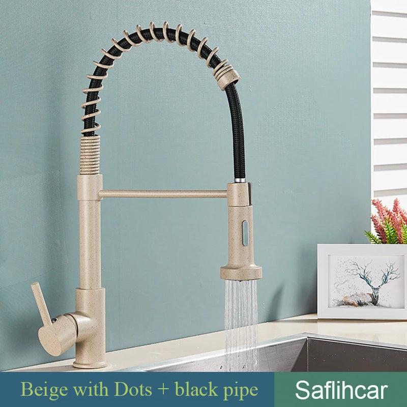 Brushed Gold Kitchen Sink Faucet Spring Pull-down Hot Cold Mixer
