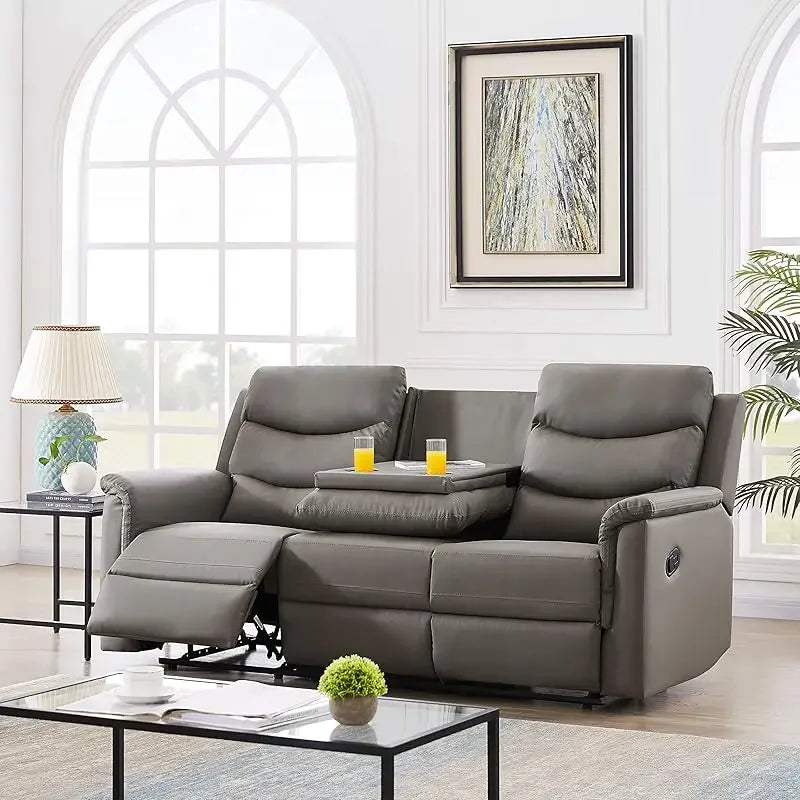 77" Comfy Living Room Sofa Set W/2 recliners, 3 Seater Leather adjustable