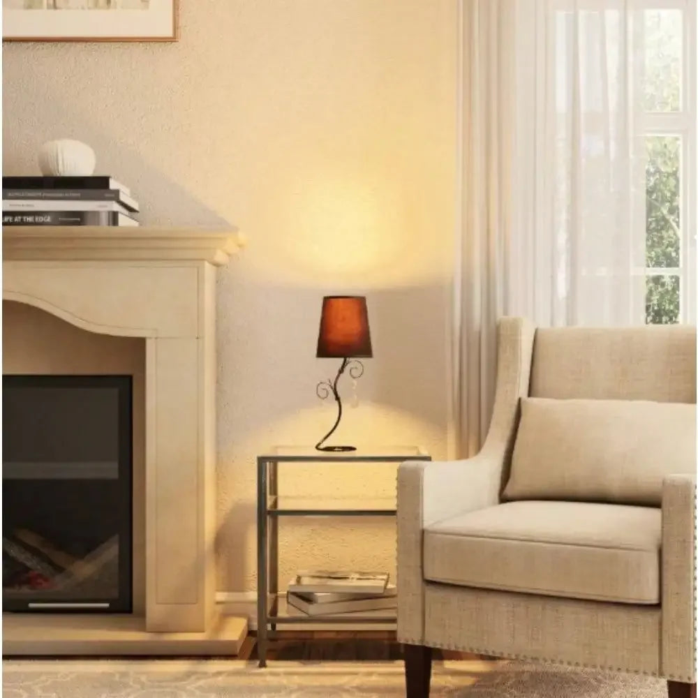 18.5" Twisted Vine Black Table Lamp with Brown Shade and Hanging Beads for Night Stand