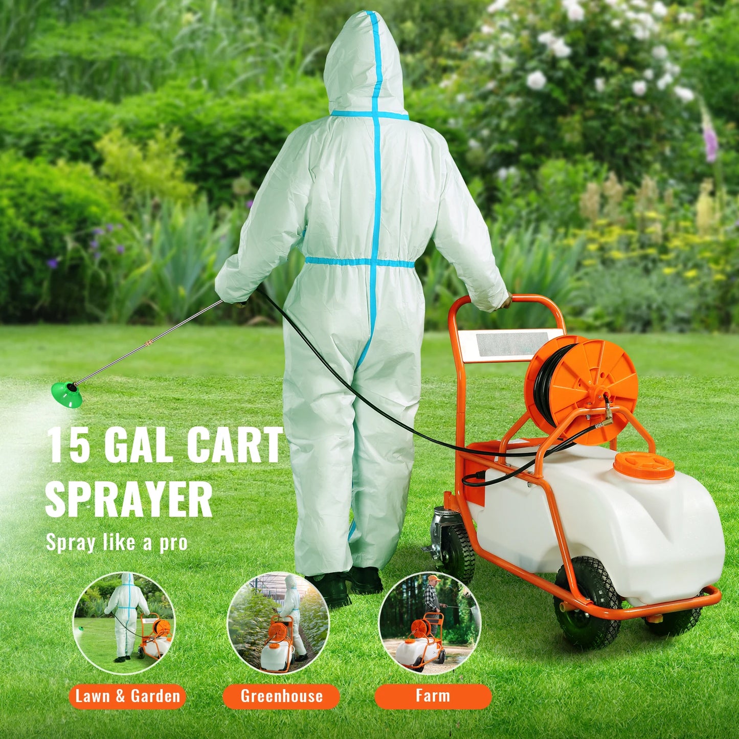 Garden Weed Sprayer W/Wheel Cart, Battery Powered 126Ft Hose W/Reel