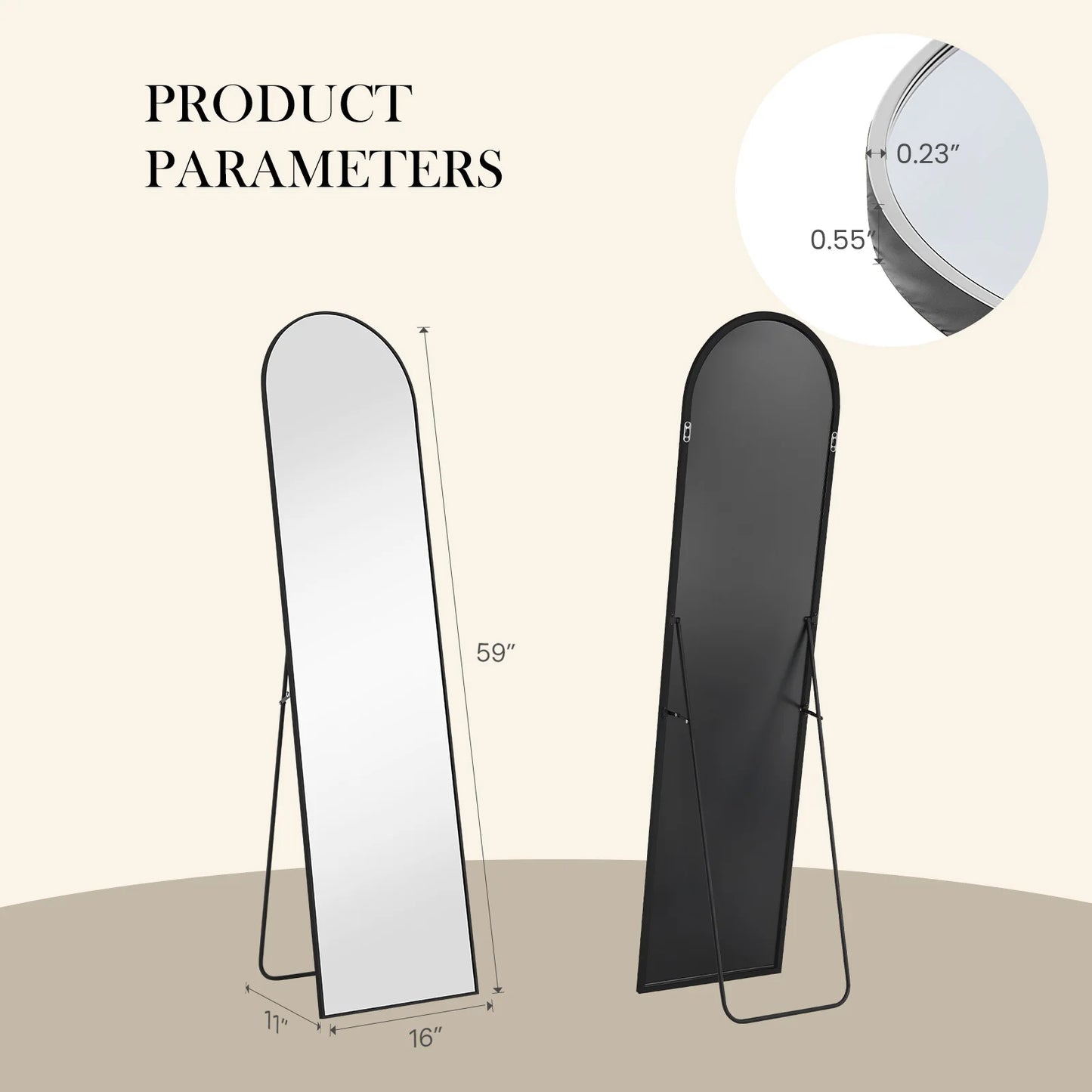 Full Body Mirror, Standing, Wall Hanging with Stand,  59" x 16"/ 64" x 21"