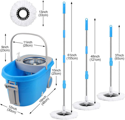 Blue Spin Mop Bucket Sets 360 degree, Spinning Cleaning Tools W/3 Replacement Heads