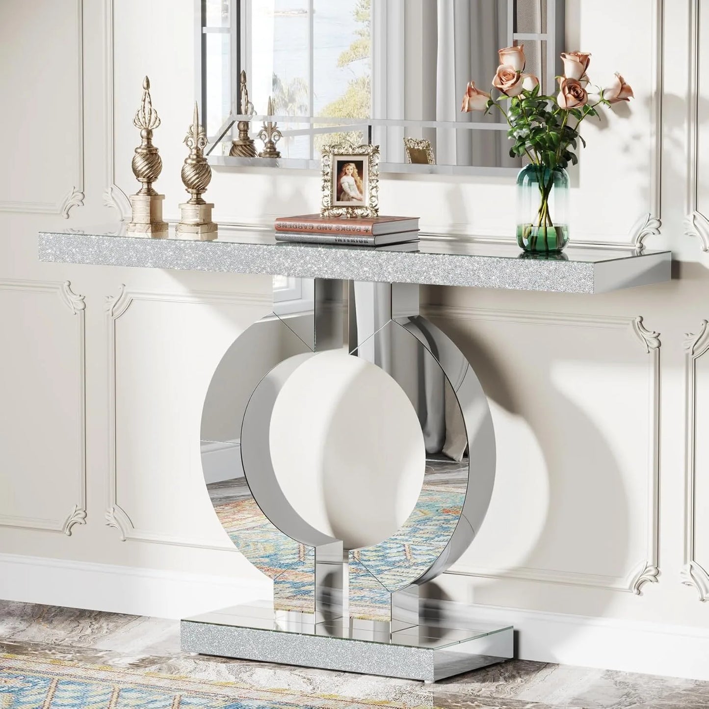 Mirrored Console Table w/O-Shaped Base