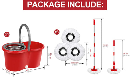 Spin Mop Bucket System W/Wringer Set, 3 pcs Mop Heads, Extendable Pole