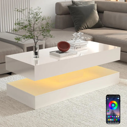 Modern Stylish Coffee Table W/LED lights, Double-Layer Design