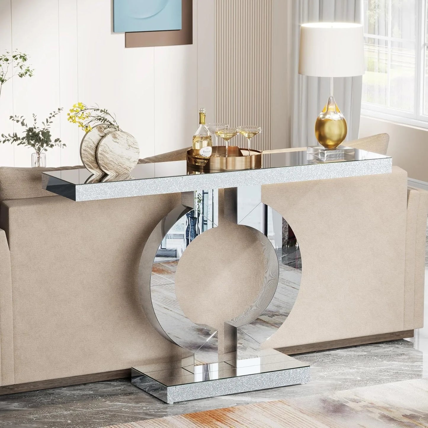 Mirrored Console Table w/O-Shaped Base
