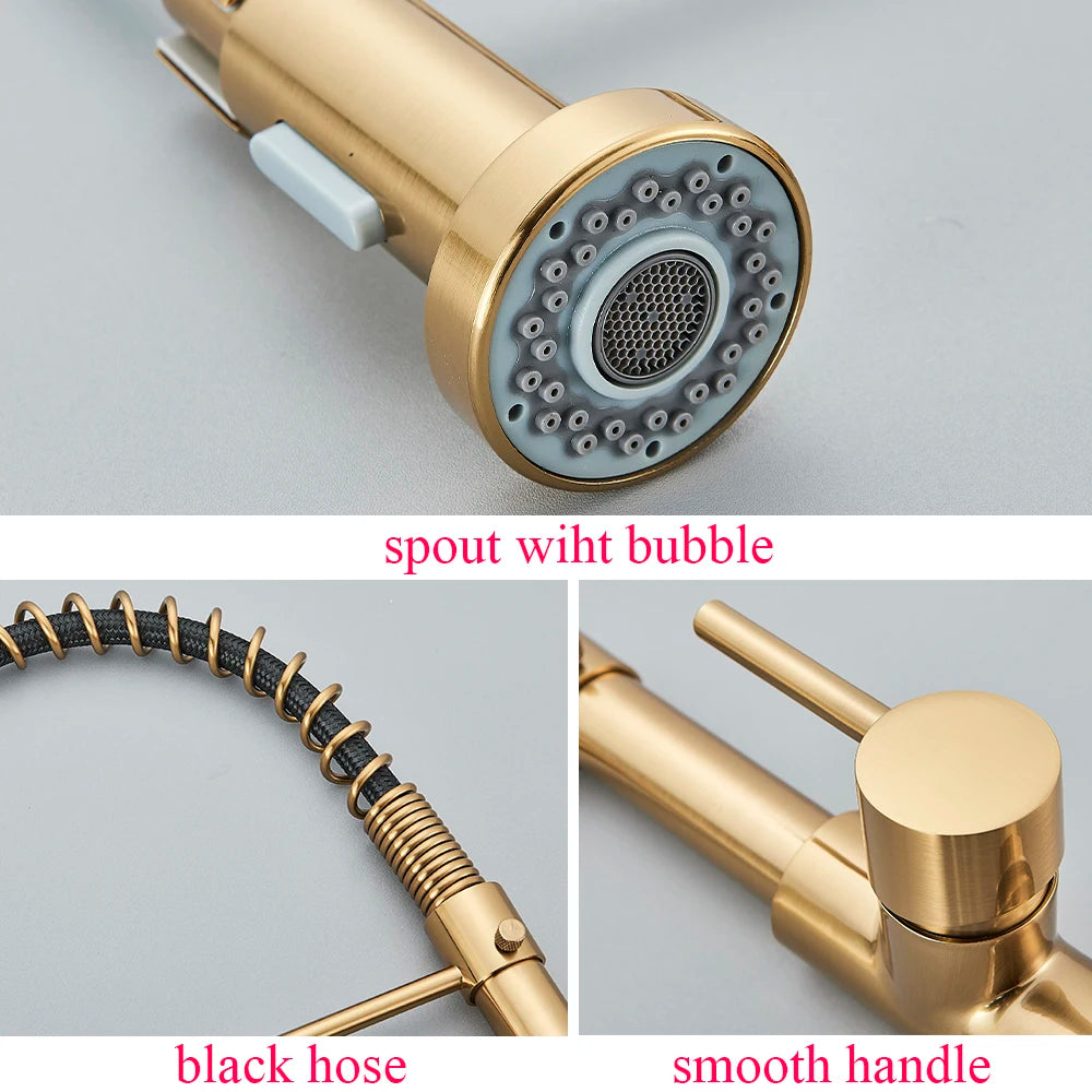 Brushed Gold Kitchen Sink Faucet Spring Pull-down Hot Cold Mixer