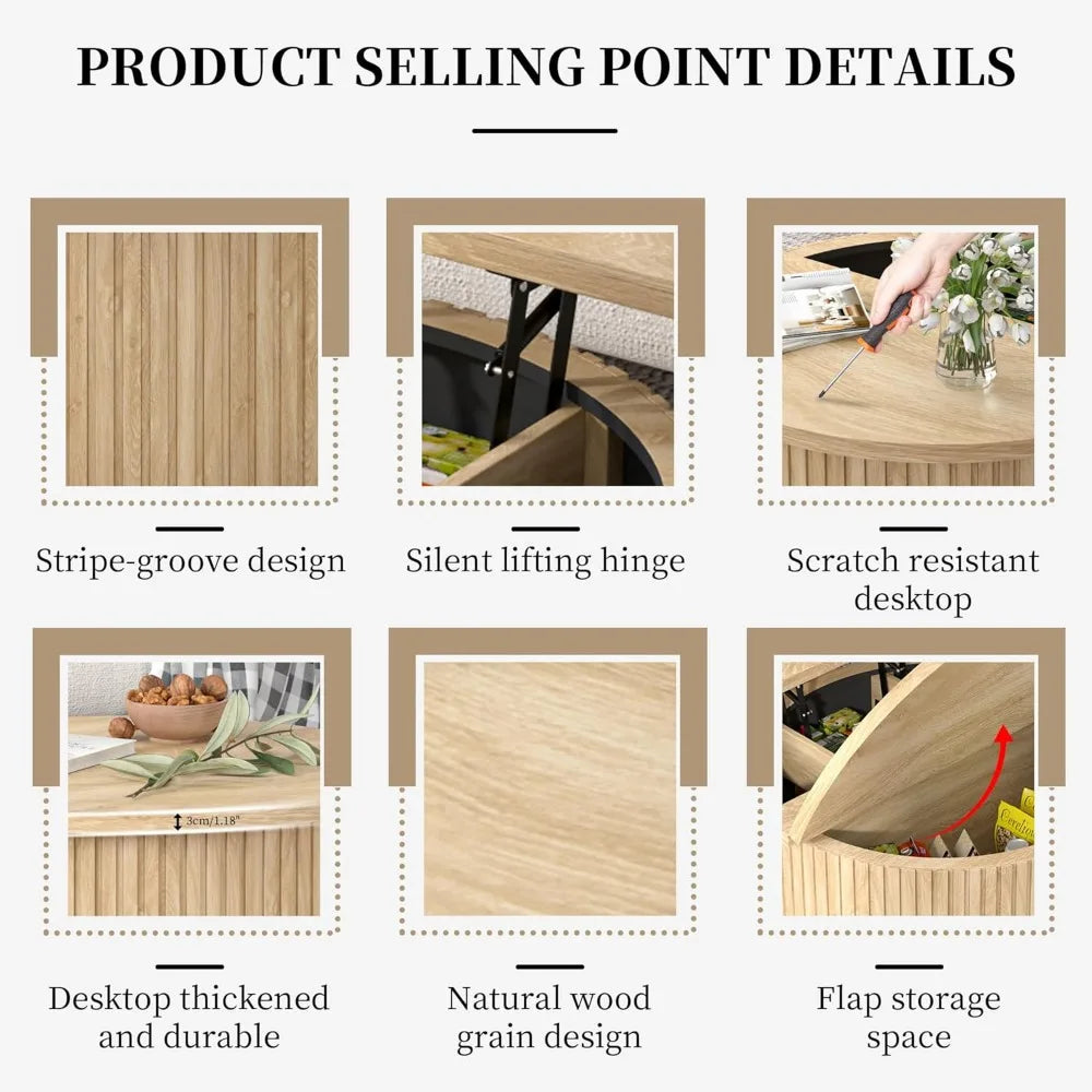 Round Coffee Table, 34.6"  Farmhouse Fluted and Storage