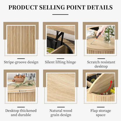 Round Coffee Table, 34.6"  Farmhouse Fluted and Storage