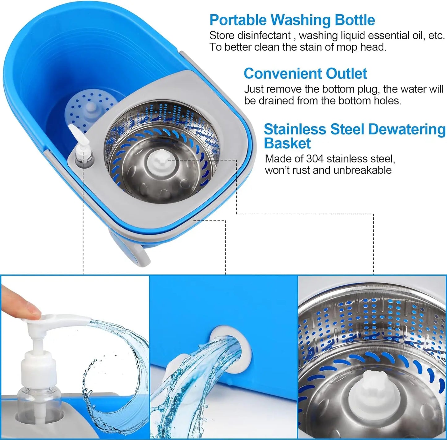 Blue Spin Mop Bucket Sets 360 degree, Spinning Cleaning Tools W/3 Replacement Heads