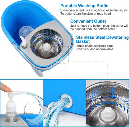 Blue Spin Mop Bucket Sets 360 degree, Spinning Cleaning Tools W/3 Replacement Heads
