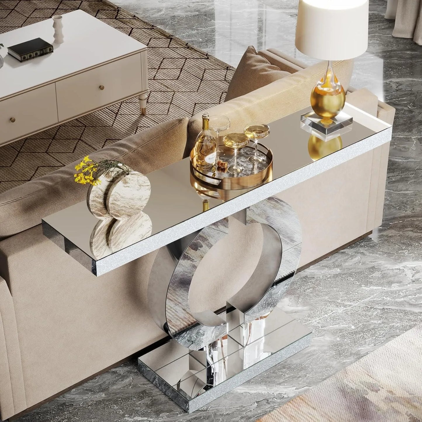 Mirrored Console Table w/O-Shaped Base