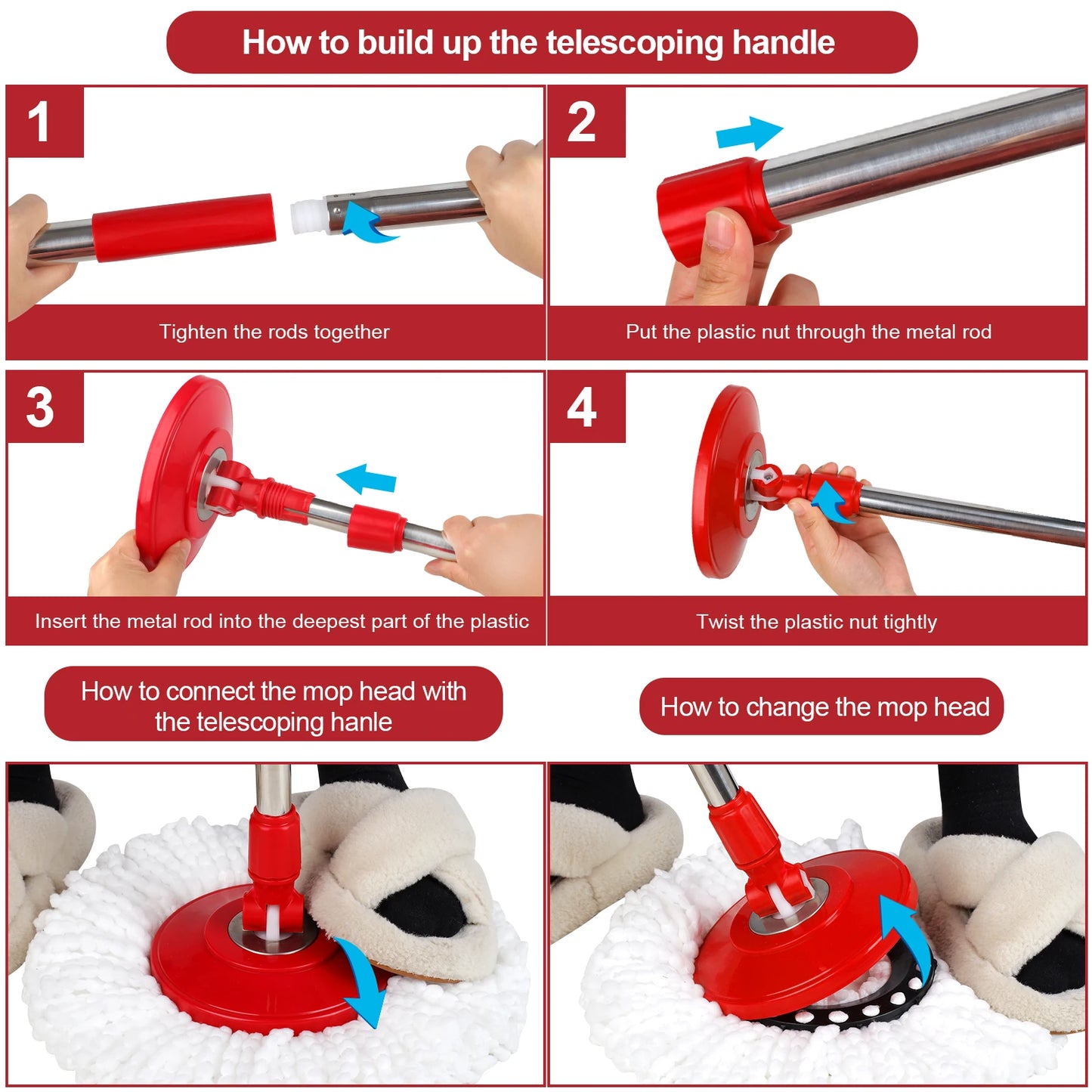 Spin Mop Bucket System W/Wringer Set, 3 pcs Mop Heads, Extendable Pole