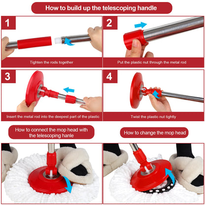 Spin Mop Bucket System W/Wringer Set, 3 pcs Mop Heads, Extendable Pole