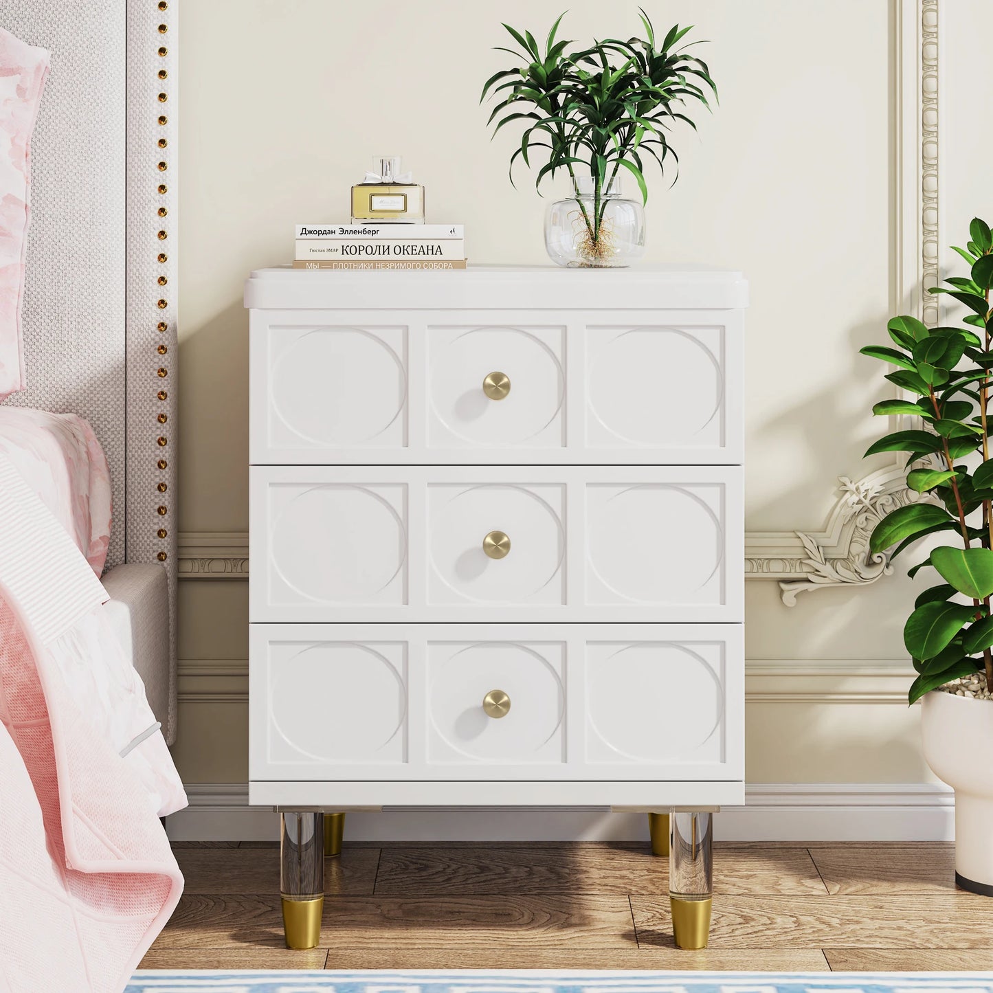 3 Drawer Nightstand Tall White and Gold W/Storage