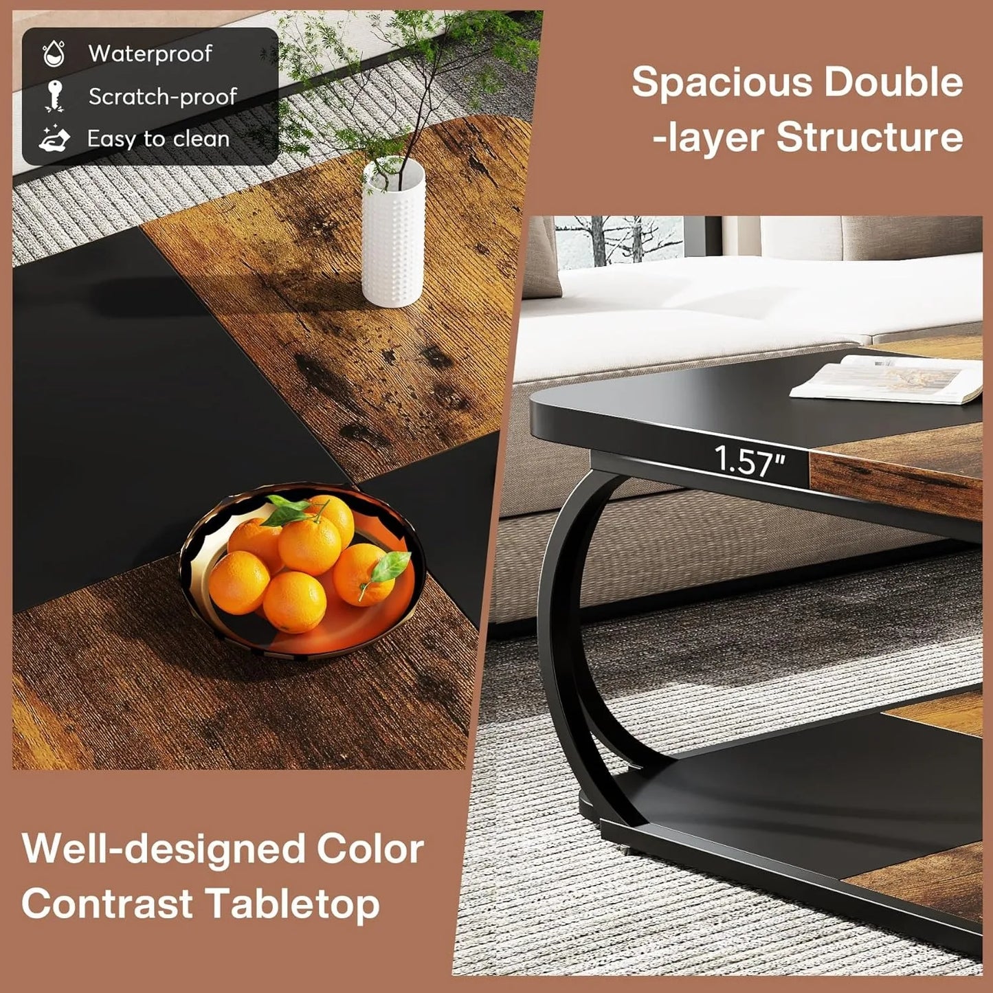 Square Coffee Table W/2 Tiers, 40", Farmhouse Style W/Wood Storage