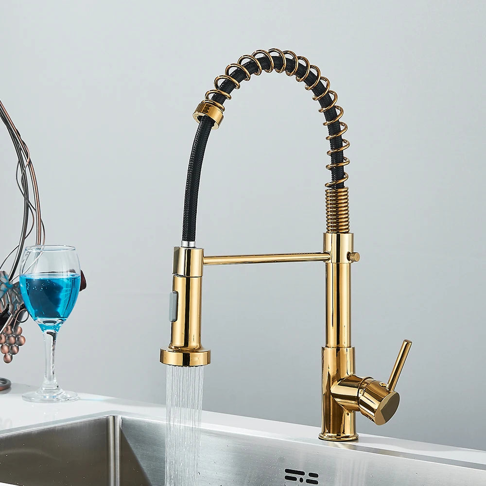Brushed Gold Kitchen Sink Faucet Spring Pull-down Hot Cold Mixer