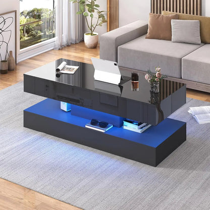 Modern Stylish Coffee Table W/LED lights, Double-Layer Design