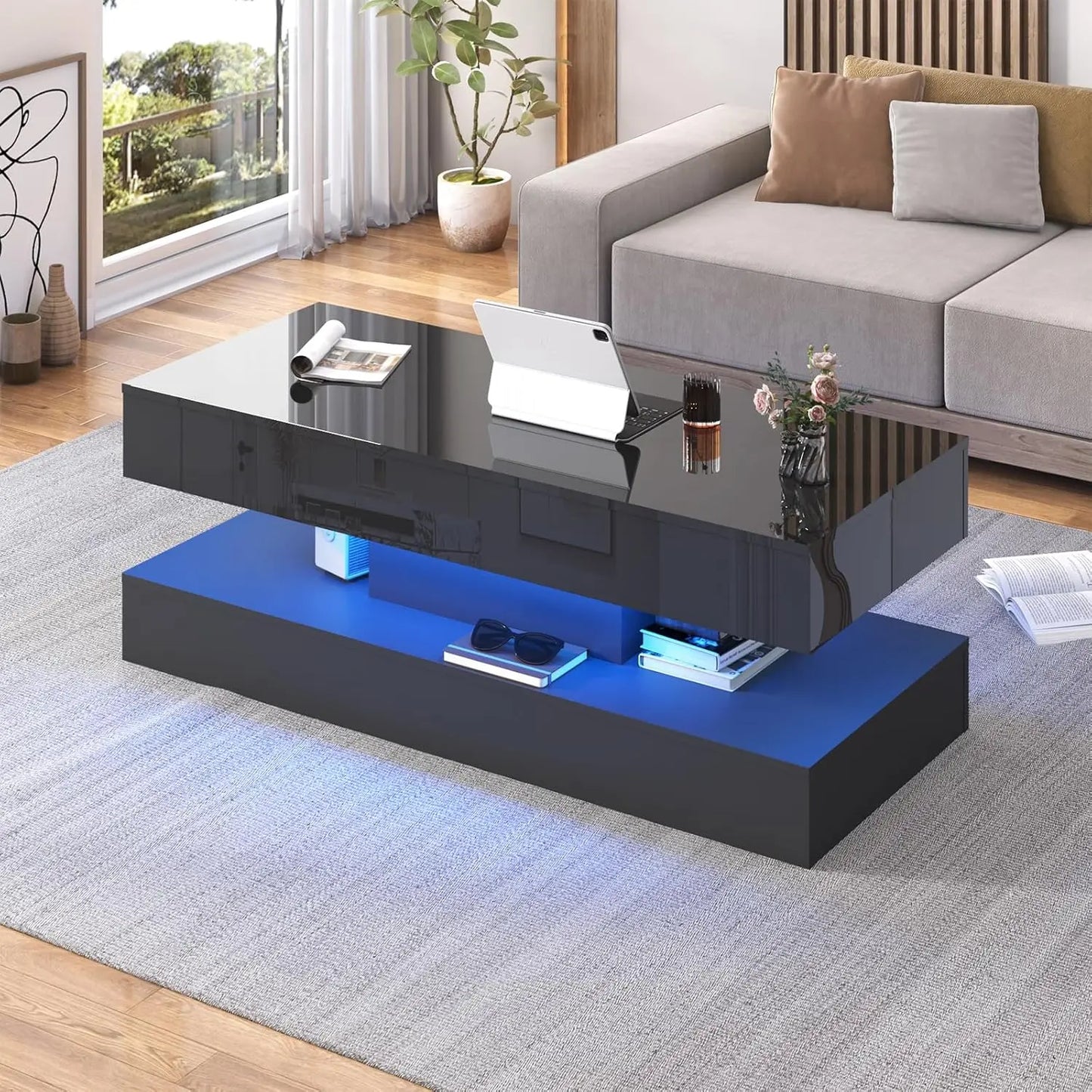 Modern Stylish Coffee Table W/LED lights, Double-Layer Design
