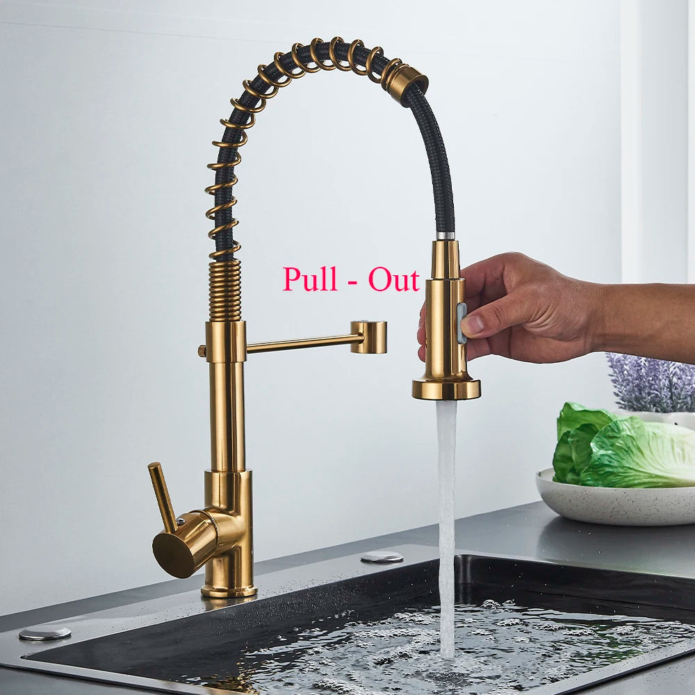 Brushed Gold Kitchen Sink Faucet Spring Pull-down Hot Cold Mixer