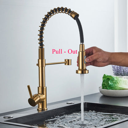 Brushed Gold Kitchen Sink Faucet Spring Pull-down Hot Cold Mixer