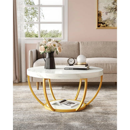 Round Coffee Table, 32" for Living Room, 2 Tier Table W/Open Storage Design