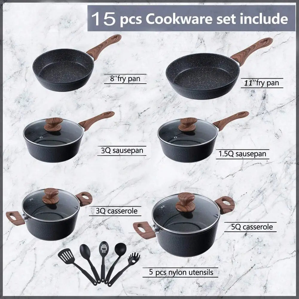 Hammered Nonstick Granite Cookware Set, 15 piece
