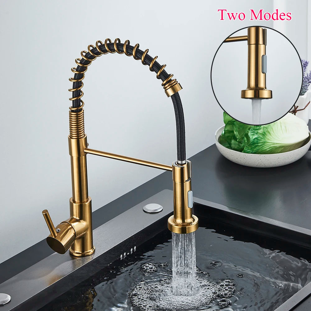 Brushed Gold Kitchen Sink Faucet Spring Pull-down Hot Cold Mixer