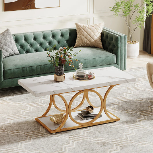 Modern Rectangle Coffee Table, 47.24",  2 Tier Faux Marble Wood